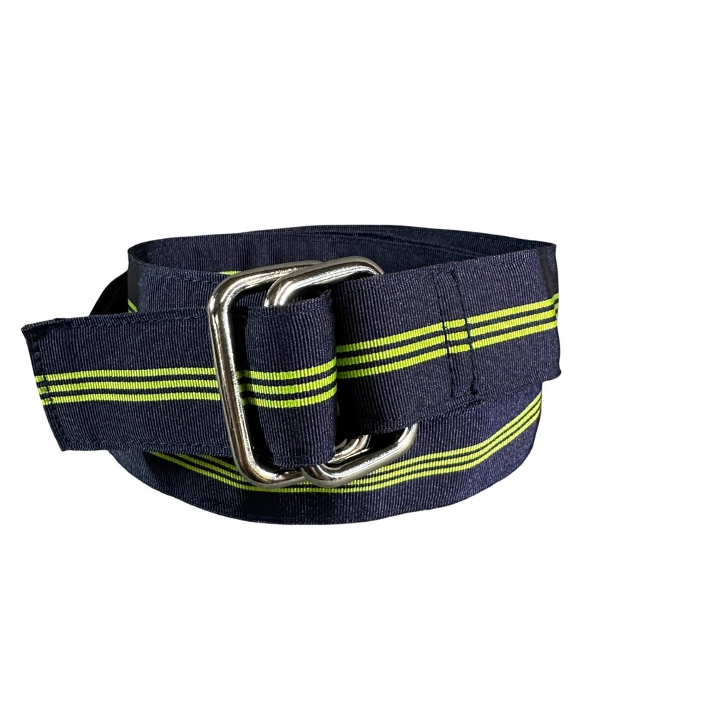 Brooks Brothers Mens XL Navy Lime Green Striped D-Ring Grosgrain Ribbon Belt